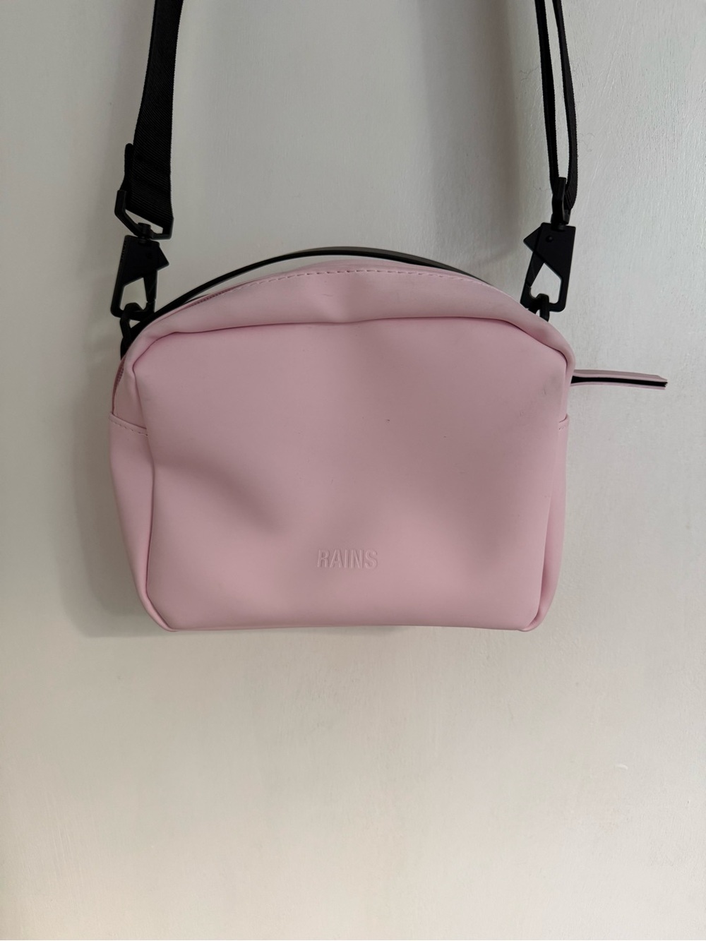 Rains Pink Crossbody Box Bag with Black Strap - Picture 2 of 5